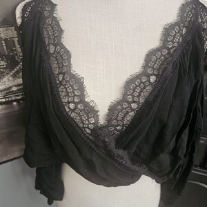 Black Lace Trim Wrap Top Boho NWT